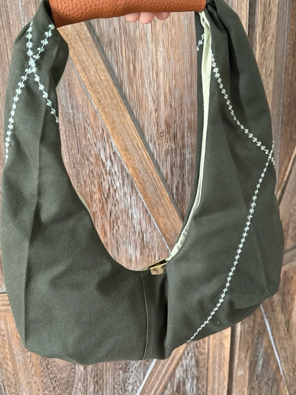 Olive Green Shoulder Hobo Bag with Brown Leather Accent